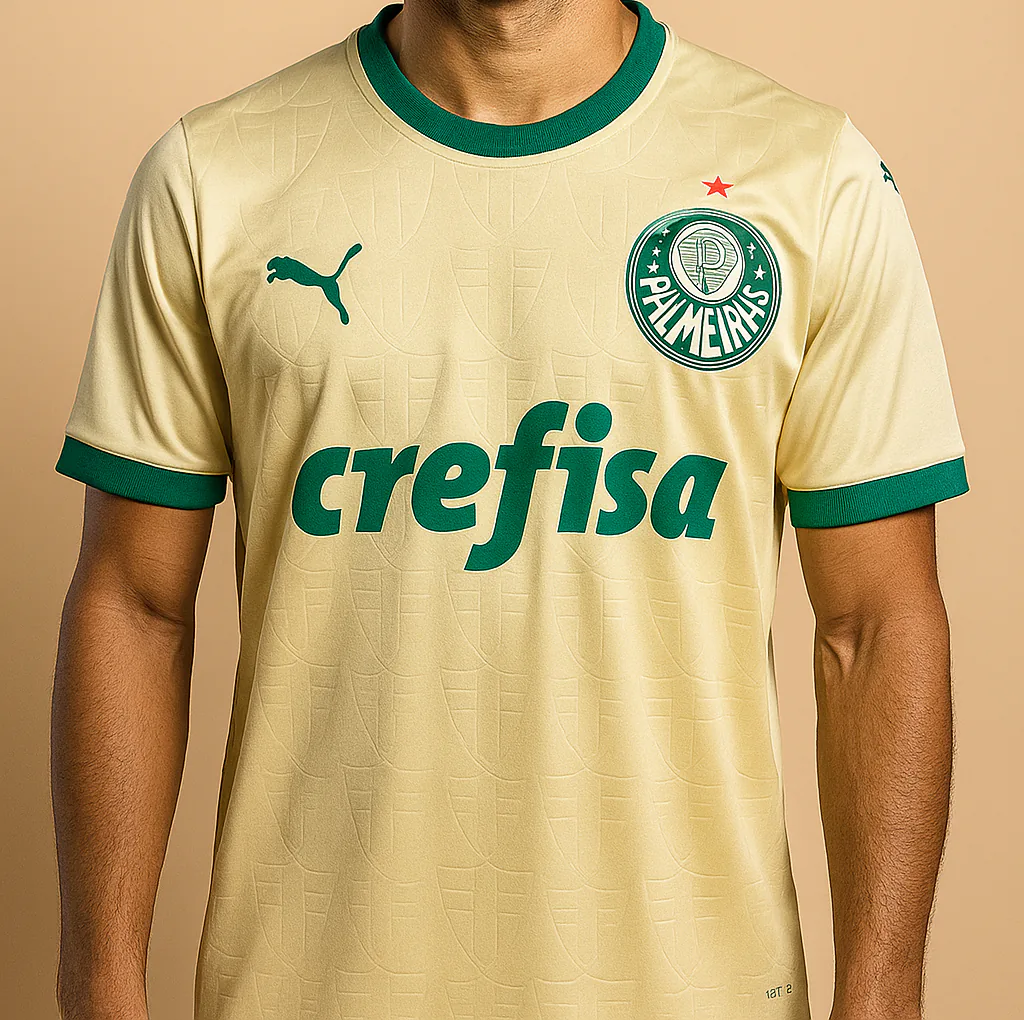 20250610_1854_Camisa Palmeiras E-commerce_remix_01jxdxa6t8eqzsar8p7v9nz2wf (1) Camiseta Palmeiras Amarela Crefisa - Imagem 1